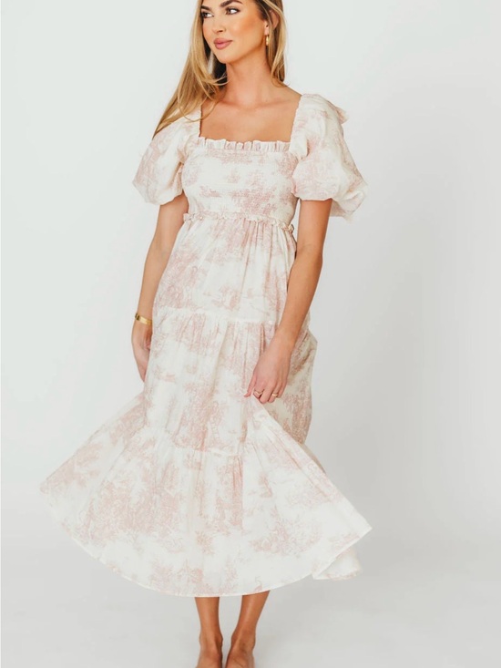 Dresses & Skirts - Smocked Square-Neck Puff Sleeve Midi Dress in Blush Toile